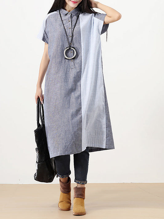 Plus Size Women Summer Colorblock Polo Collar Cotton Linen Dress