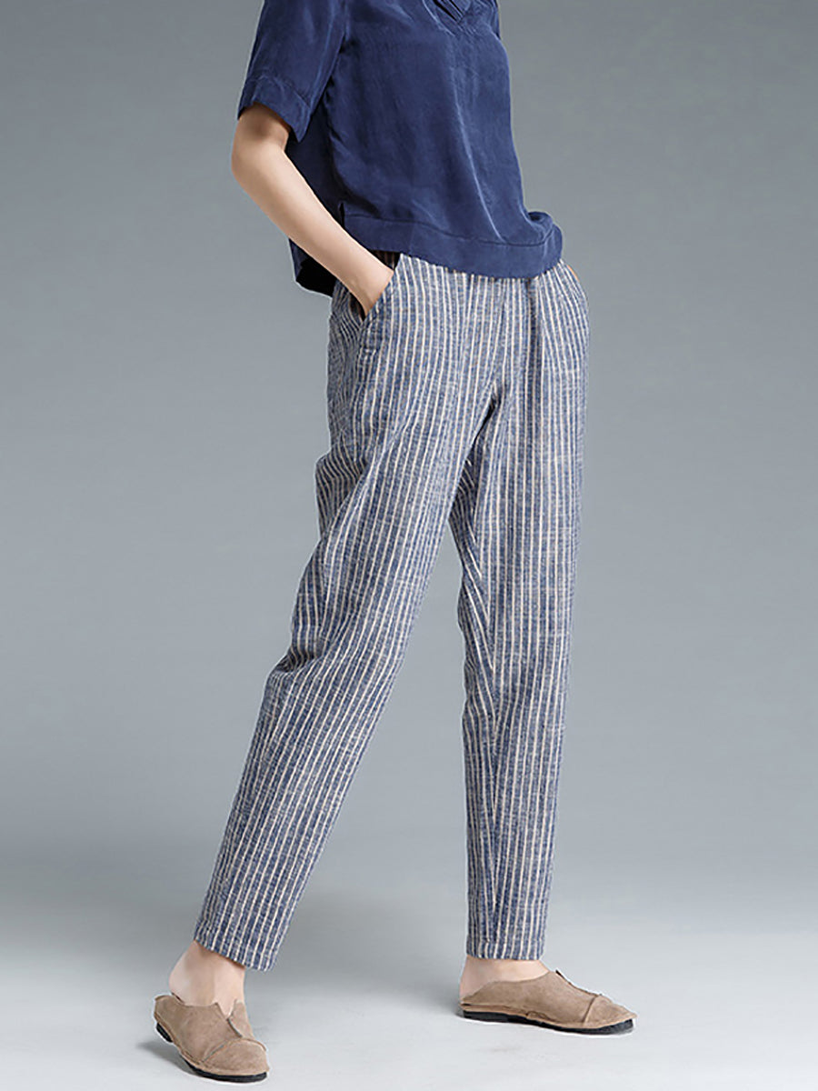 Plus Size Buykud Stripe Cotton Linen Women Pants