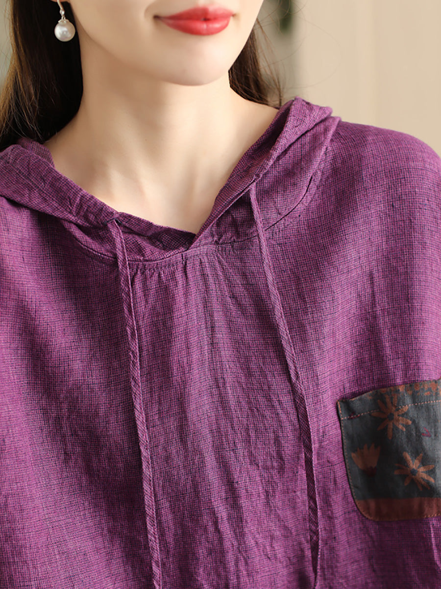 Women Summer Patch Spliced Hooded Linen Shirt