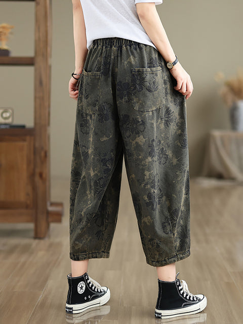 Women Summer Retro Flower  Denim Loose Pants