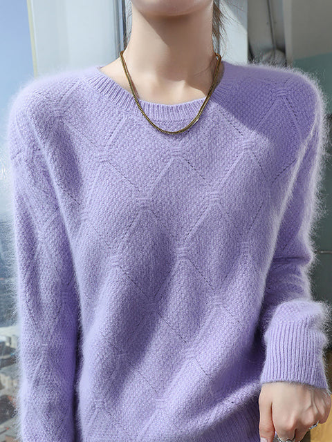 Women Autumn O-Neck Solid Rhomboids Wool Warm Knit Sweater