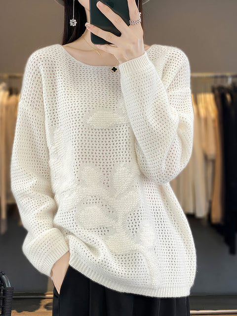 Women Autumn O-Neck Spliced Wool Warm Knit Sweater