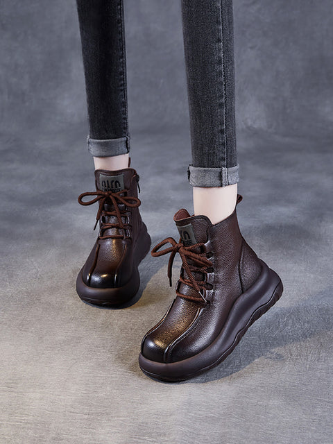 Women Vintage Genuine Leather Platform Martin Boots