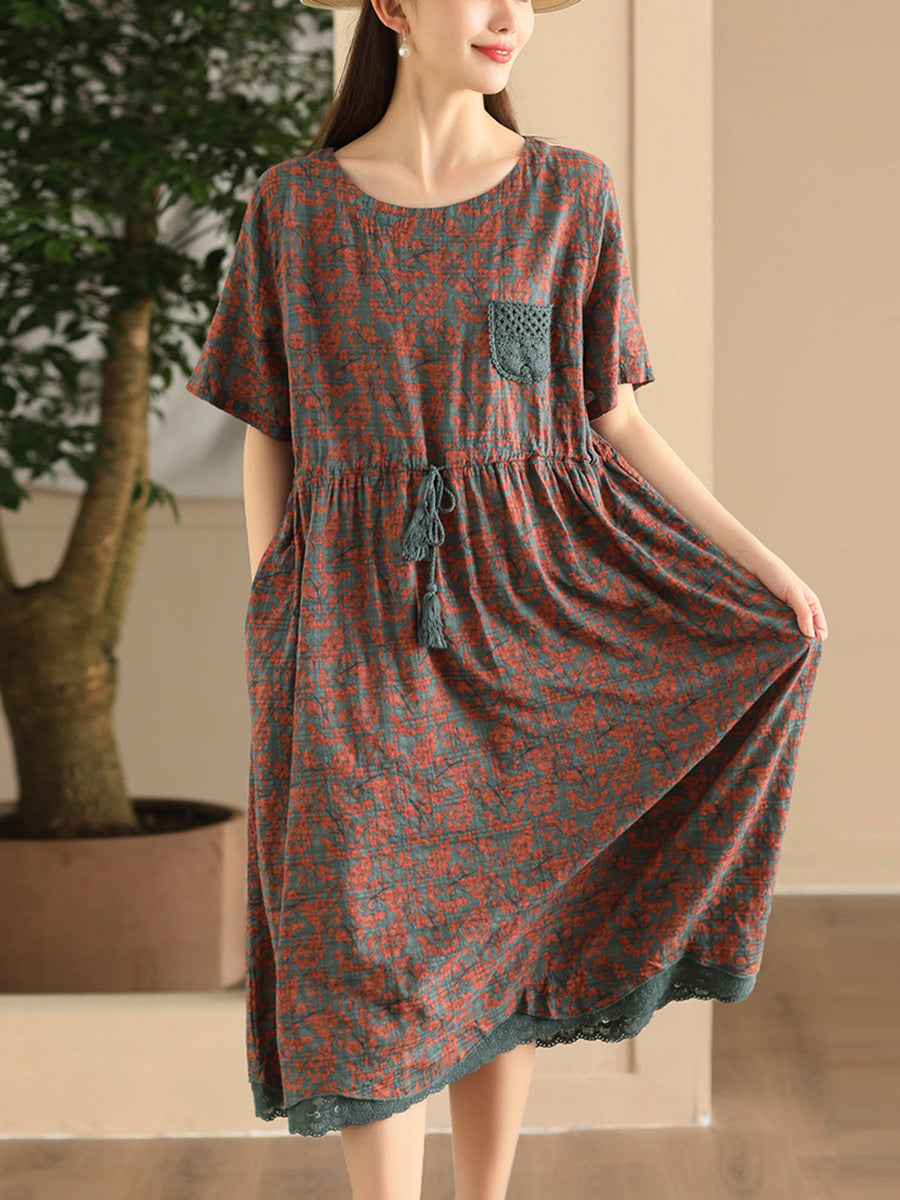 Women Artsy Floral Spliced Strap O-Neck Cotton Linen Dress