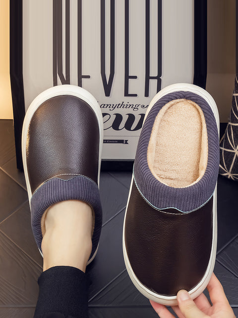 Winter Couple Leather Spliced Plush Flat Slippers