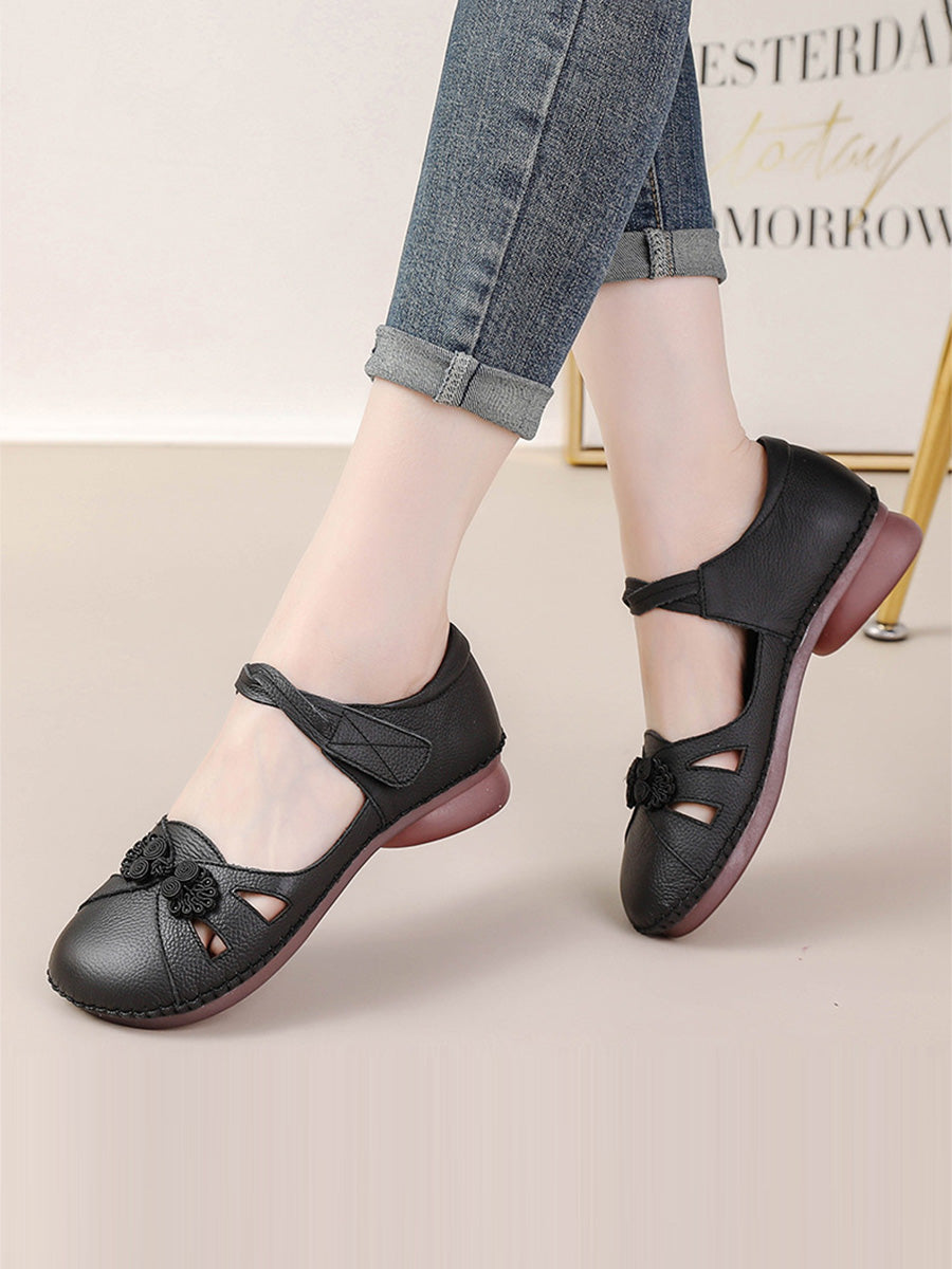 Women Summer Ethnic Solid Leather Spliced Low Heel Shoes