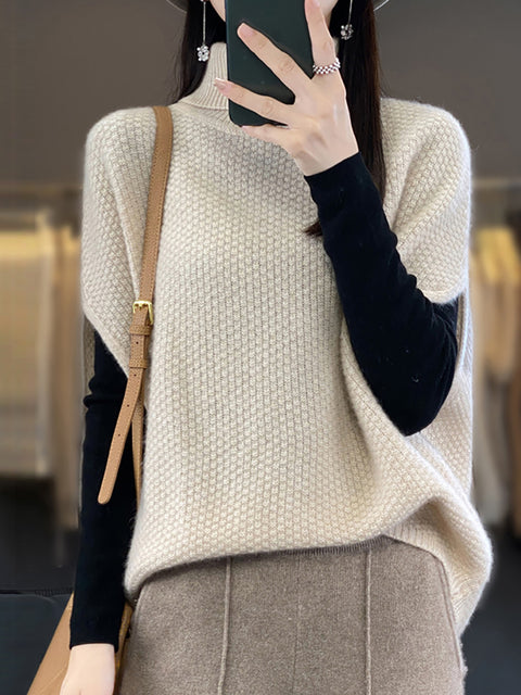 Women Autumn Solid Turtleneck 100%Wool Knit Loose Vest