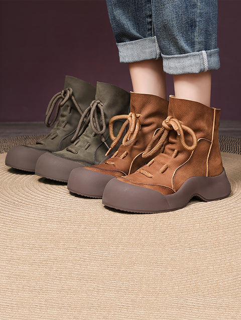 Women Winter Vintage Soft Leather Spliced Platform Boots