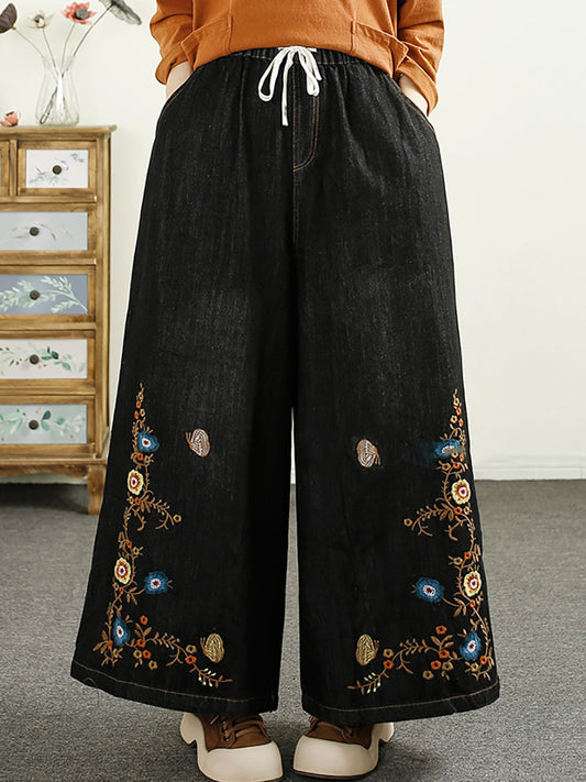 Women Vintage Autumn Flower Embroidery Wide-leg Denim Pants