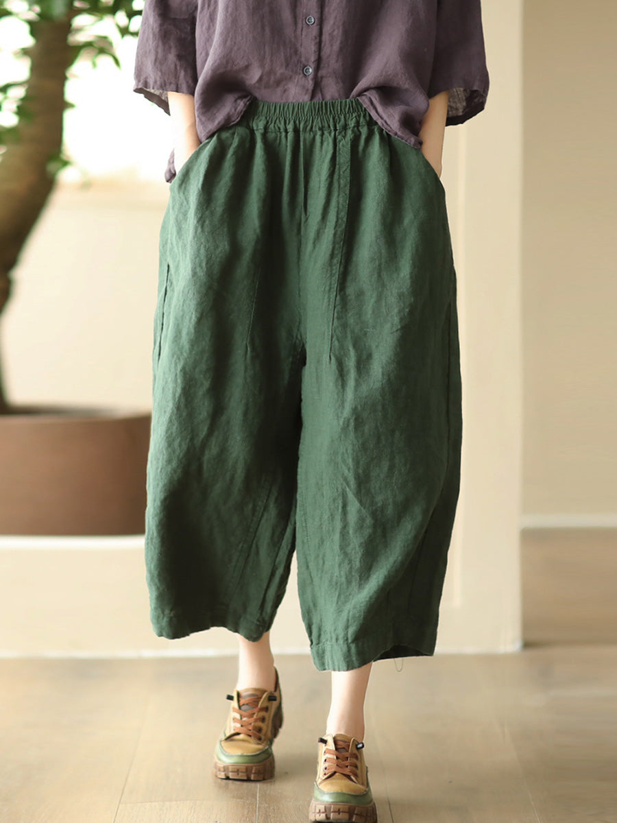 Women Summer Retro Solid Linen Loose Harem Pants