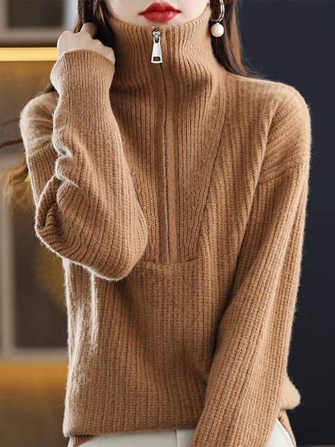 Women Autumn Zipper Knit 100%Wool Turtleneck Sweater