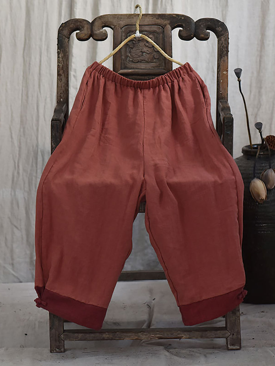 Women Autumn Vintage Colorblock Linen Wide-leg Pants