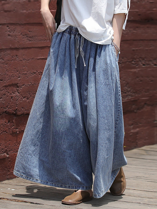 Plus Size Casual Drawstring Blue Denim Wide Leg Pants Jeans