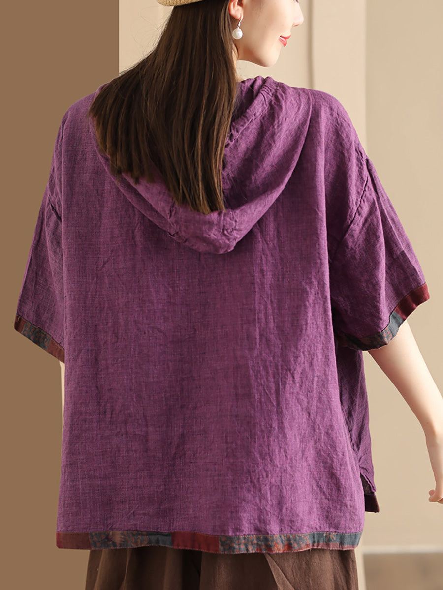 Women Summer Patch Spliced Hooded Linen Shirt