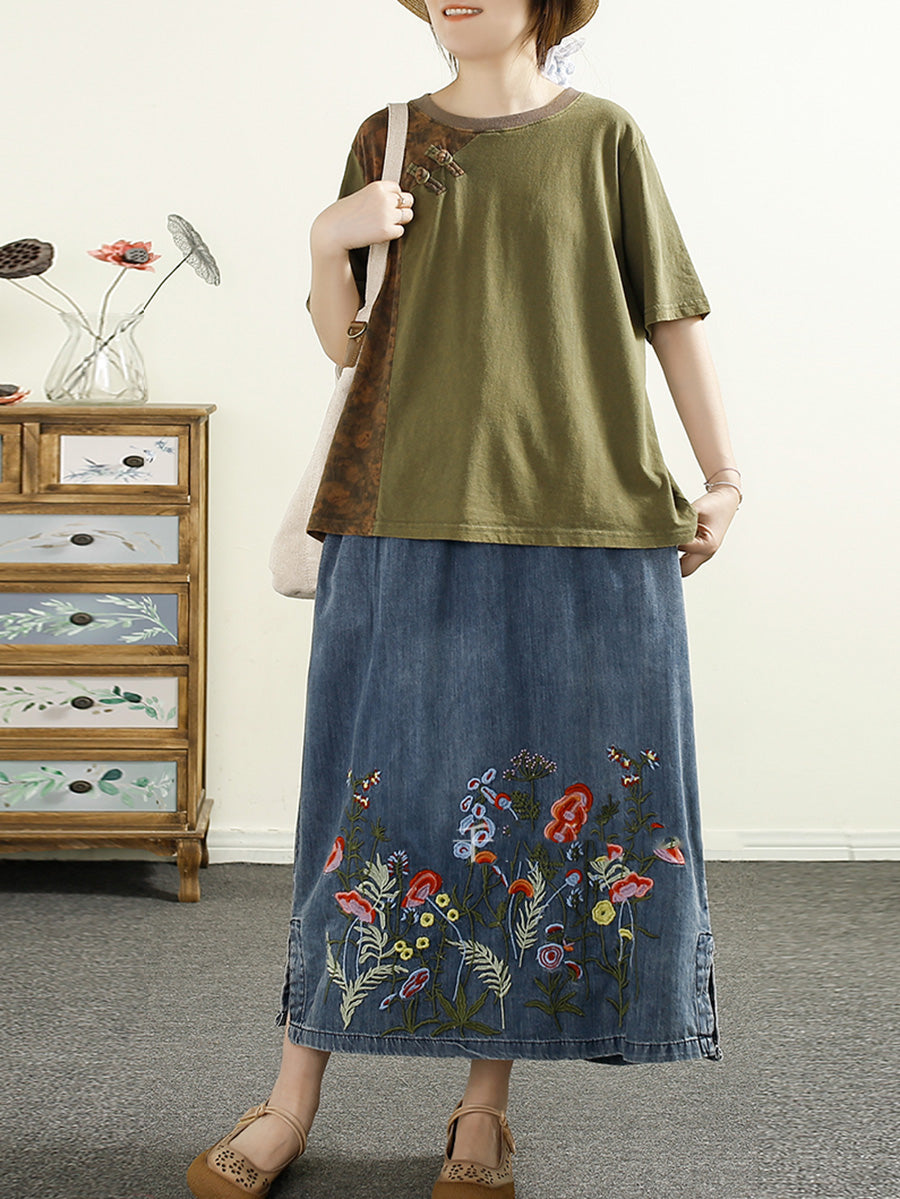 Women Summer Artsy Embroidery Denim A-Shape Skirt