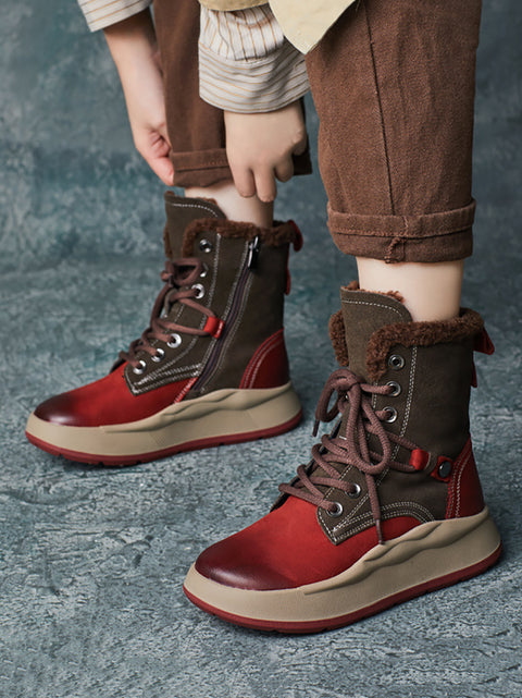 Women Vintage Winter Leather Colorblock Spliced Fleece-lined Boots