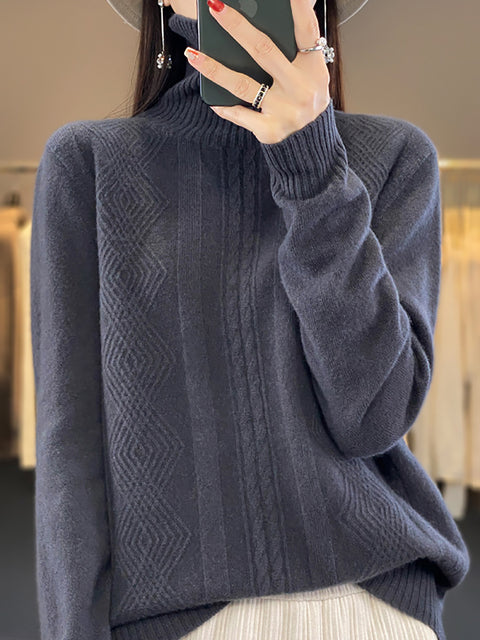 Women Autumn Turtleneck Knit 100%Wool Soft Sweater