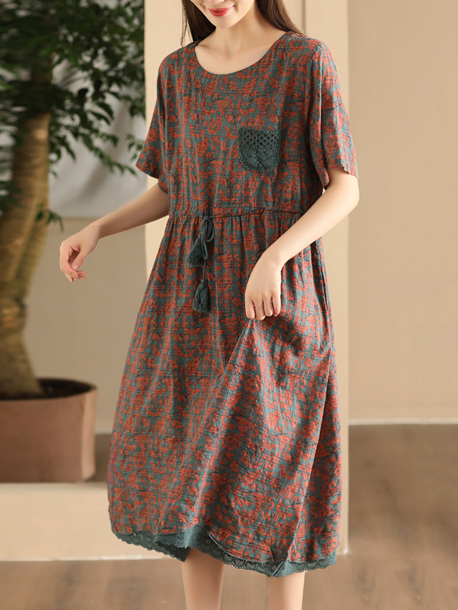 Women Artsy Floral Spliced Strap O-Neck Cotton Linen Dress