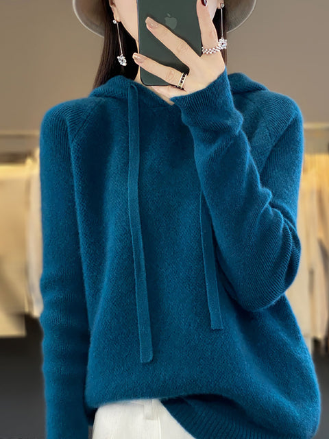 Women Winter Casual Solid Hooded Wool Sweater