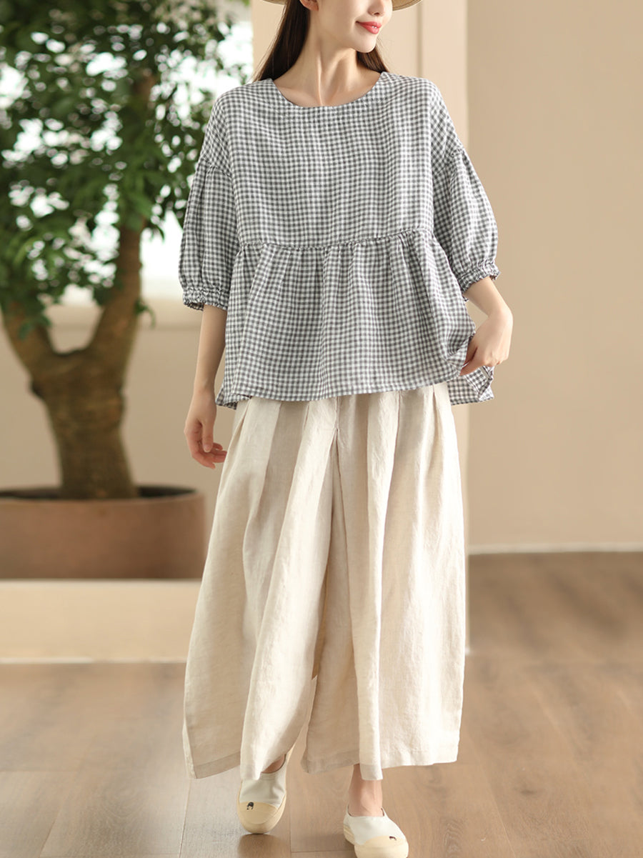 Women Summer Vintage Plaid Spliced Linen Shirt