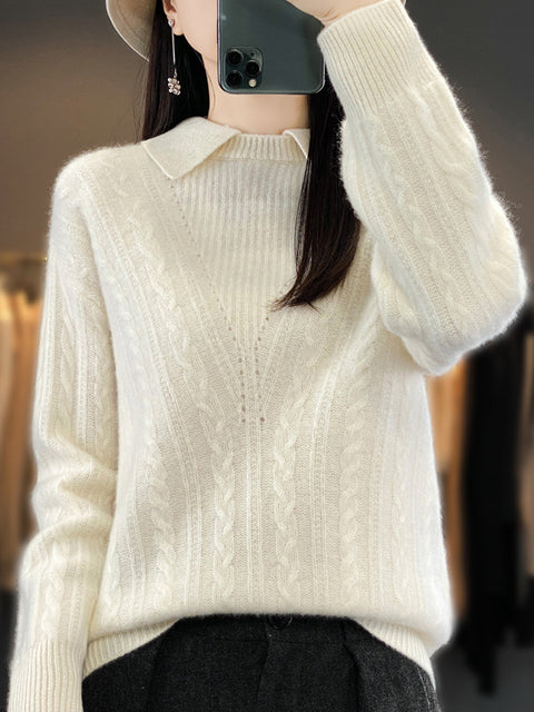 Women Autumn Soft Solid Knit 100%Wool Turn-down Collar Sweater