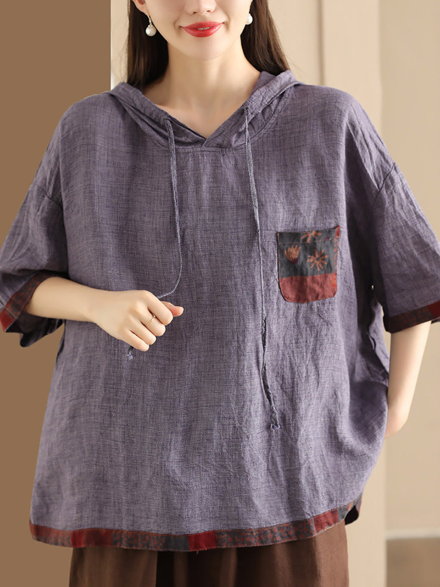 Women Summer Patch Spliced Hooded Linen Shirt