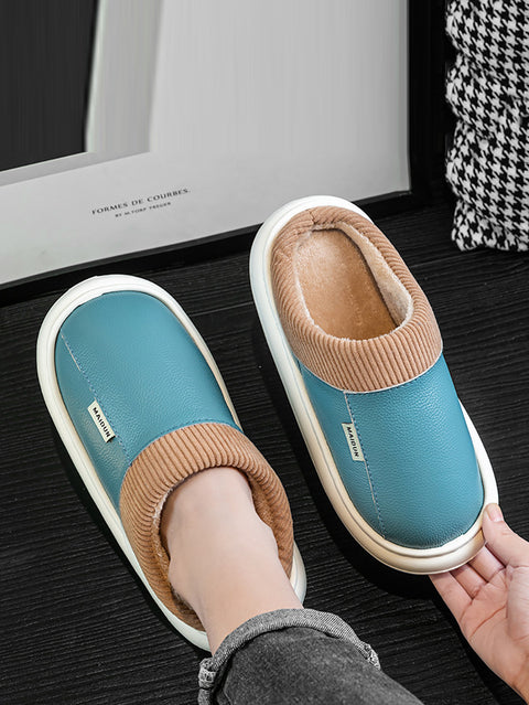 Couple Winter Fleece-lined Leather Slippers