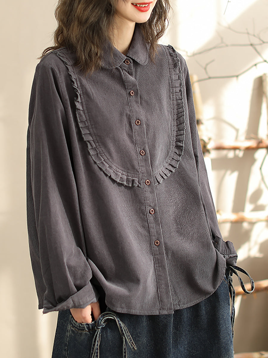 Women Spring Lacework Spliced Corduroy Solid Shirt