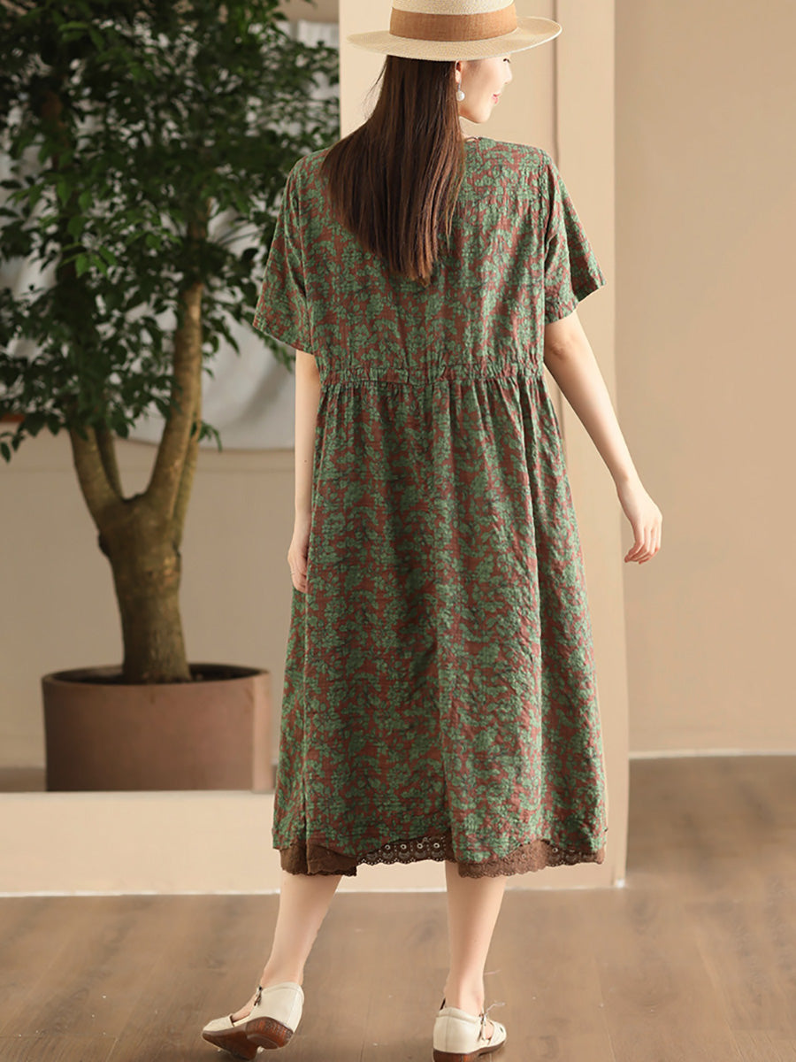 Women Artsy Floral Spliced Strap O-Neck Cotton Linen Dress