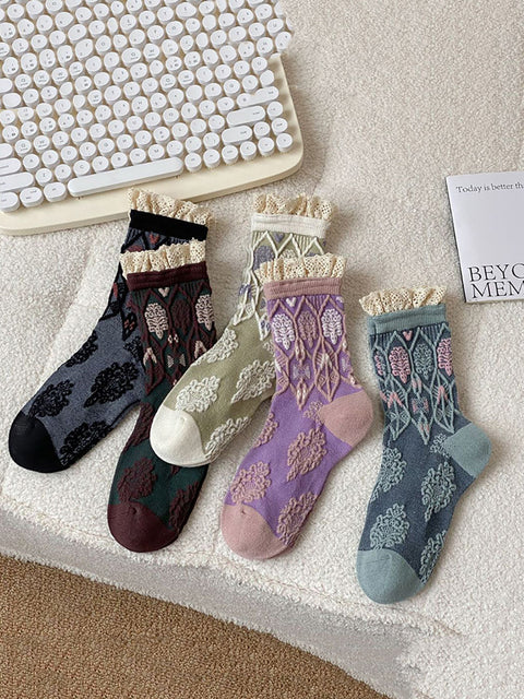 5 Pairs Women Autumn Artsy Flower JAcquard Cotton Socks