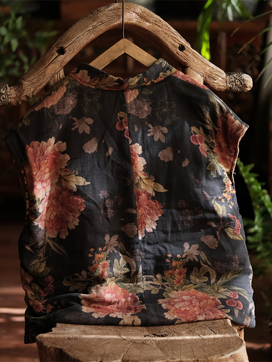 Women Ethnic Flower V-neck Cotton Paaded Vest