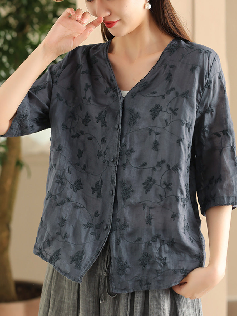 Women Vintage Flower Embroidery Button-up Ramie Shirt