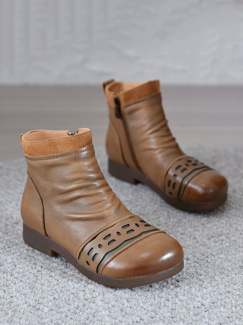 Women Vintage Leather Spliced Low Heel Ankle Boots