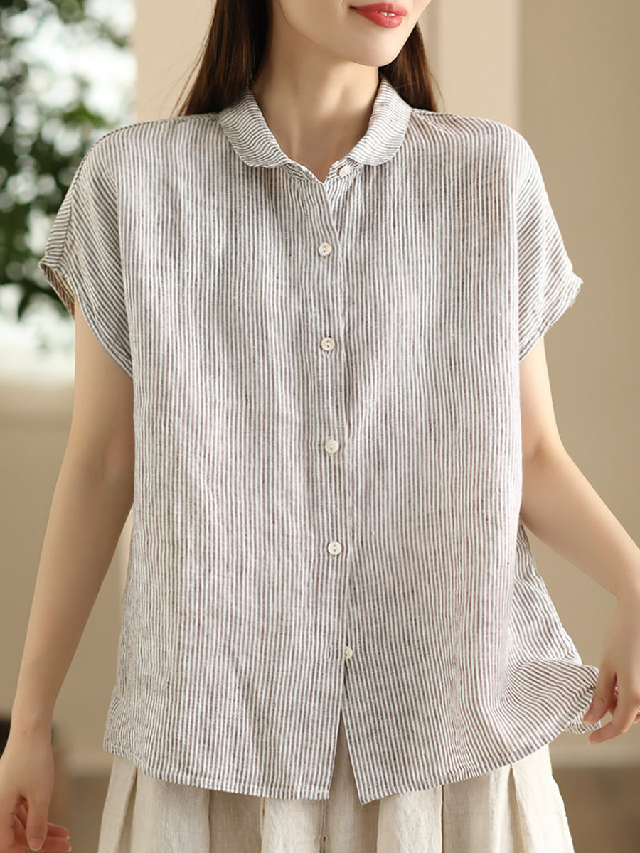 Women Summer Artsy Stripe Button-up Linen Shirt