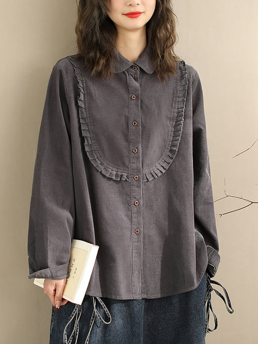 Women Spring Lacework Spliced Corduroy Solid Shirt