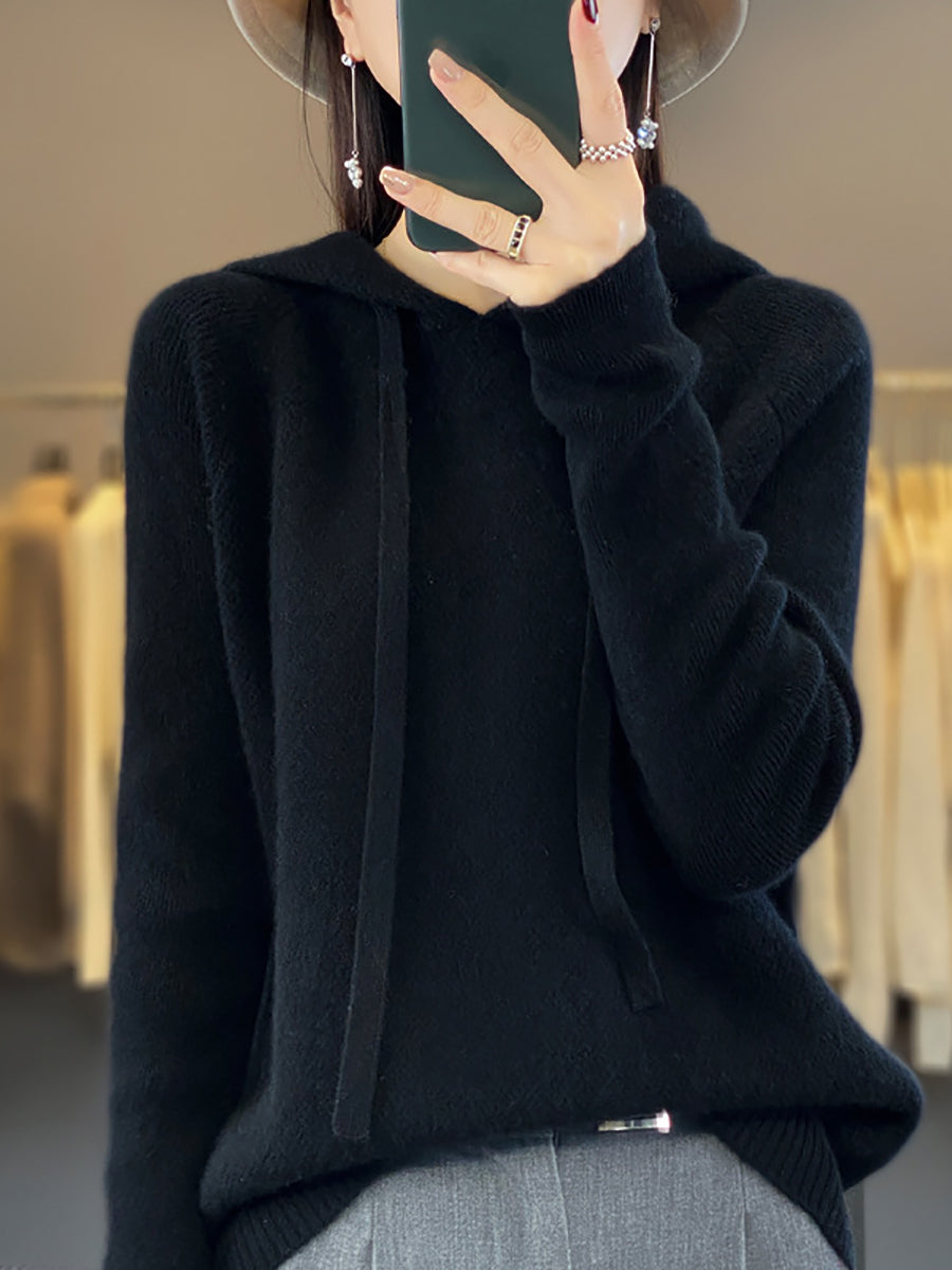 Women Winter Wool Solid Hooded Sweater