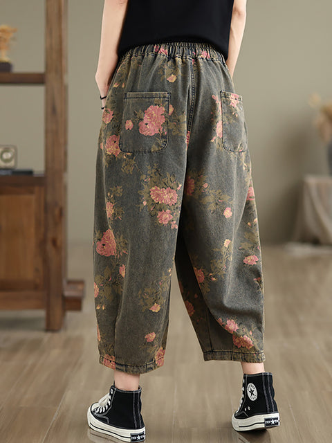 Women Summer Retro Flower  Denim Loose Pants