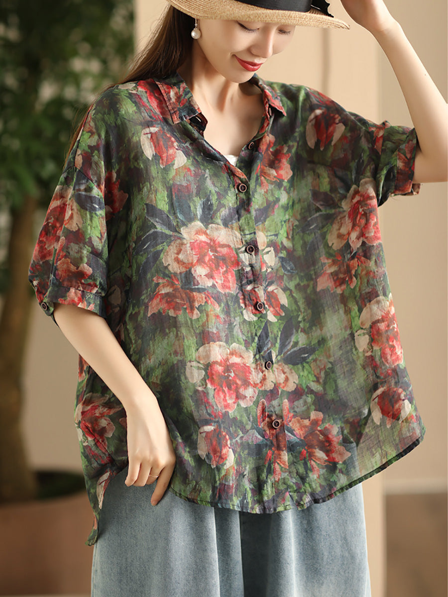 Women Summer Vintage Flower Patch Spliced Ramie Shirt