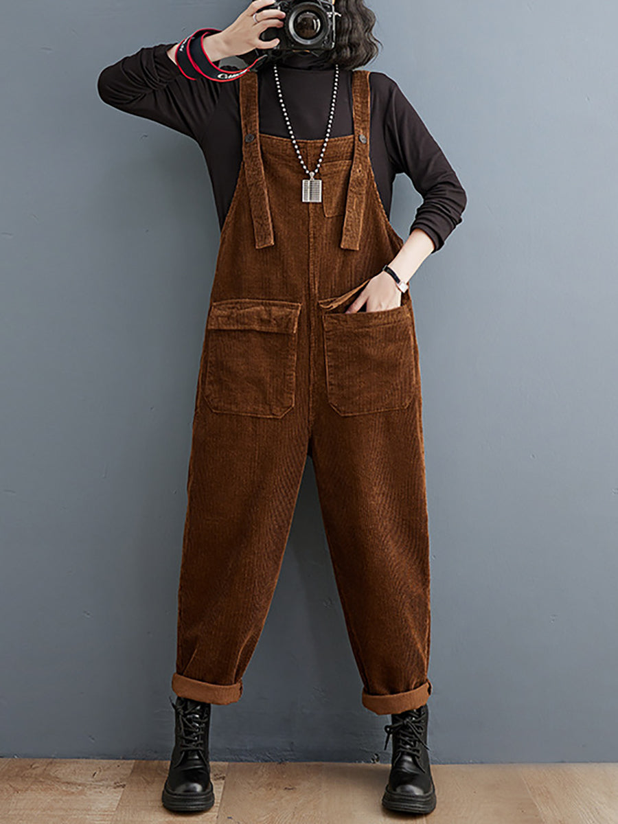 Women Vintage Solid Winter Croduroy Jumpsuits