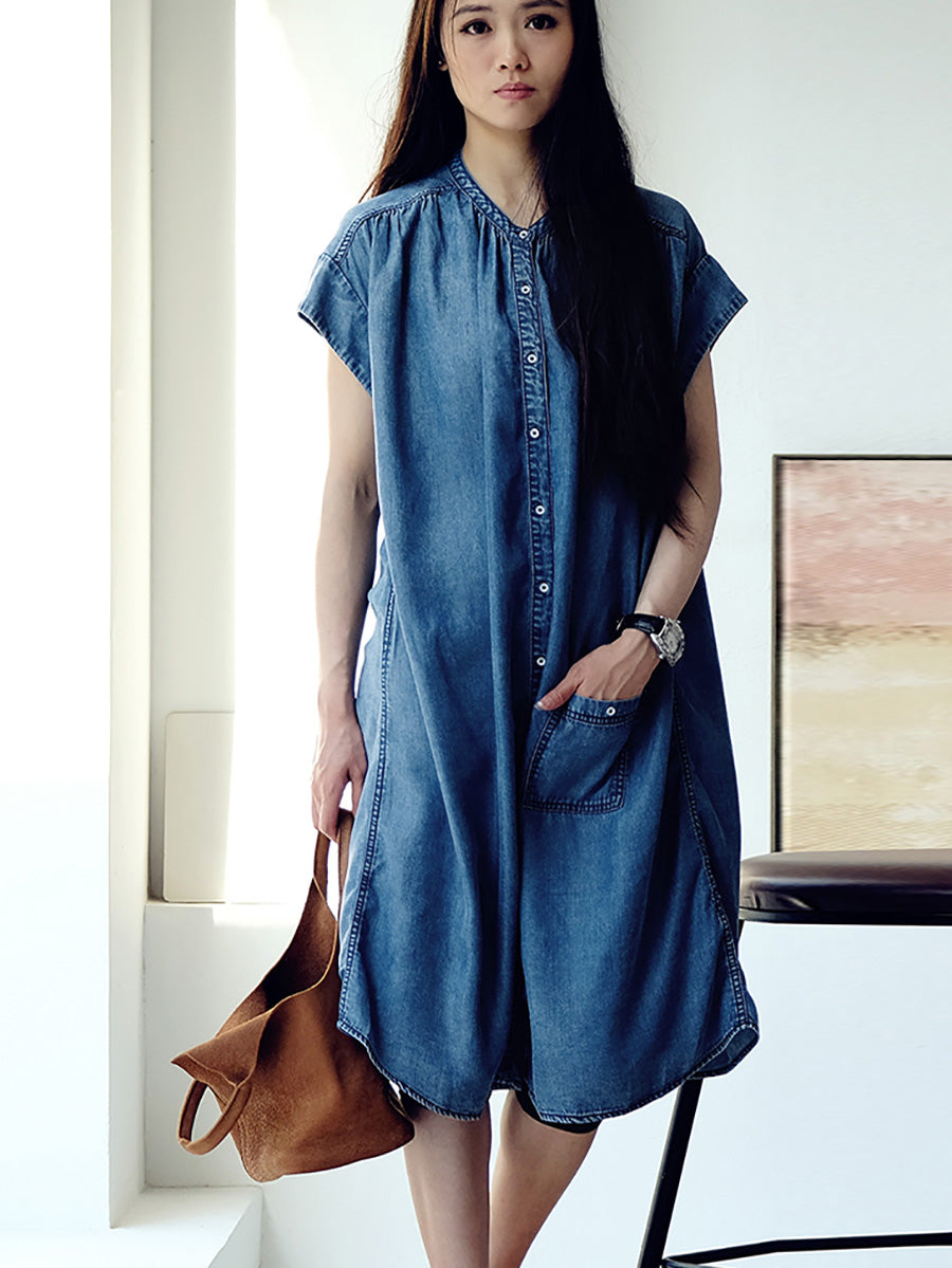 Plus Size Women Summer Casual Solid Blue Denim Dress