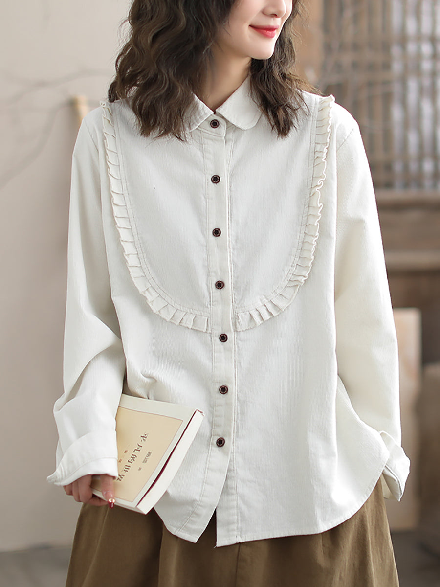 Women Spring Lacework Spliced Corduroy Solid Shirt