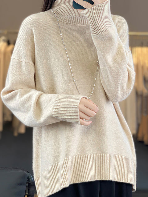 Women Autumn Casual Turtleneck Solid 100%Wool Sweater