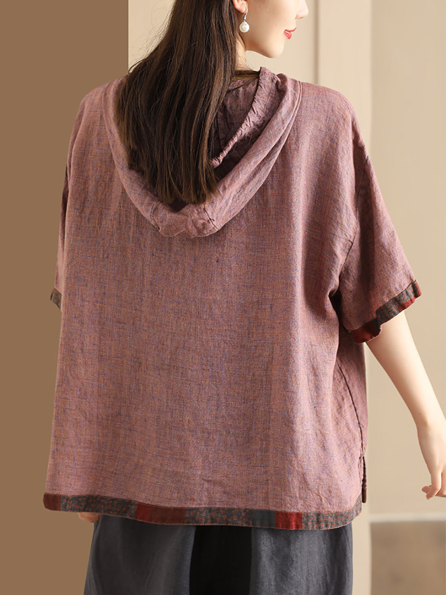 Women Summer Patch Spliced Hooded Linen Shirt