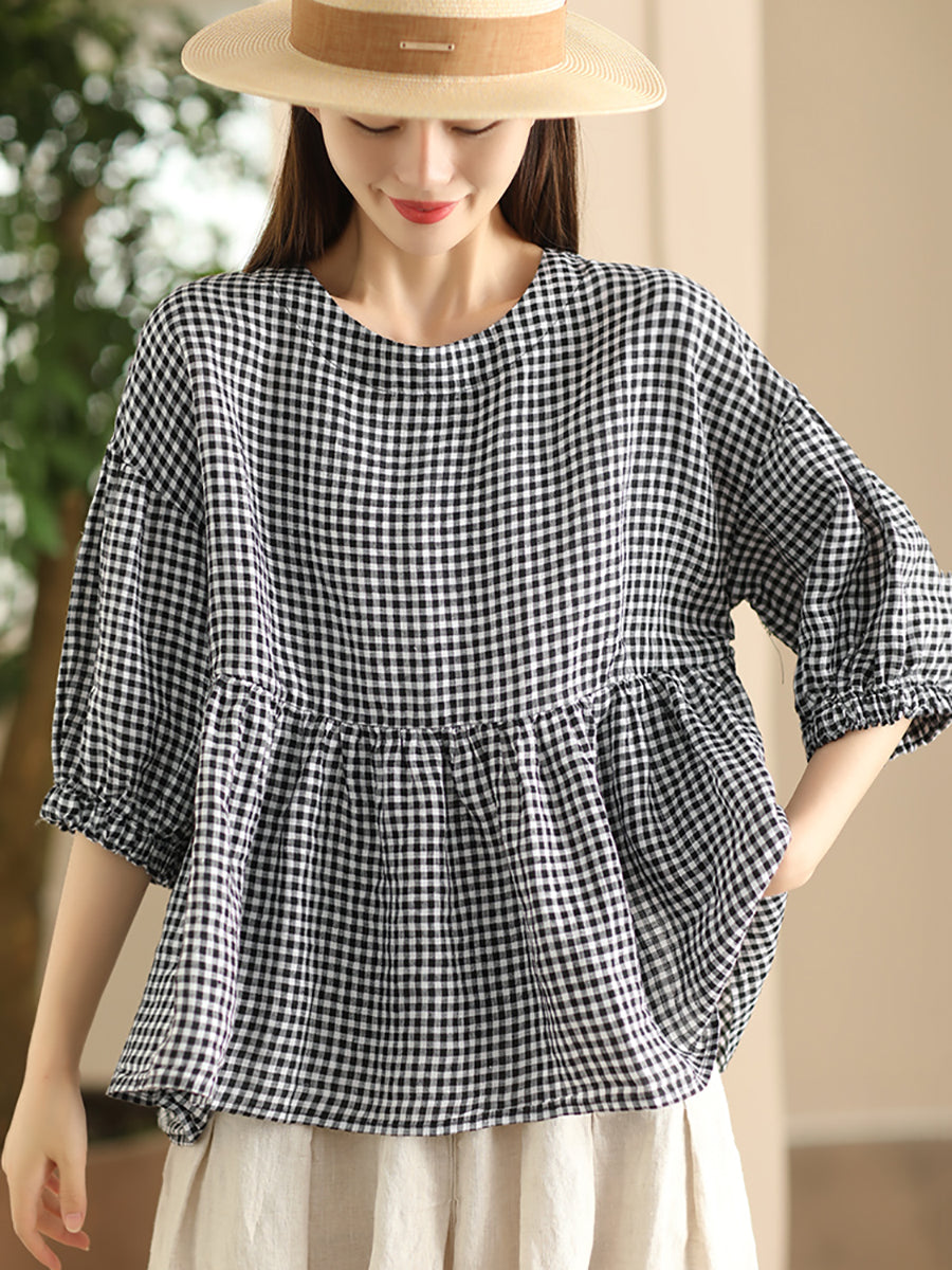 Women Summer Vintage Plaid Spliced Linen Shirt