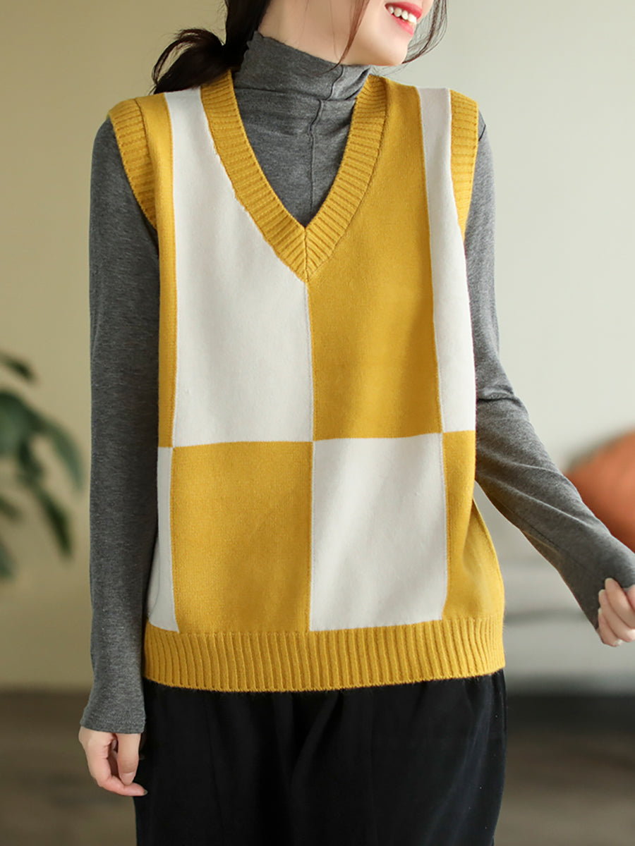 V-Neck Colorblock Plaid Sleeveless Vest Pullover Vest