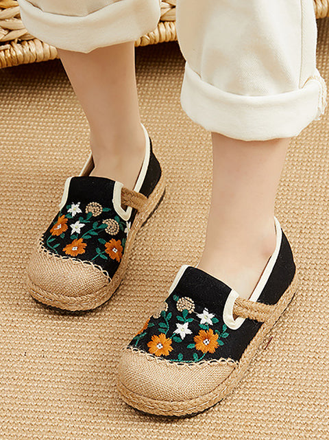 Women Summer Flower Embroidery Linen Spliced Straw Shoes