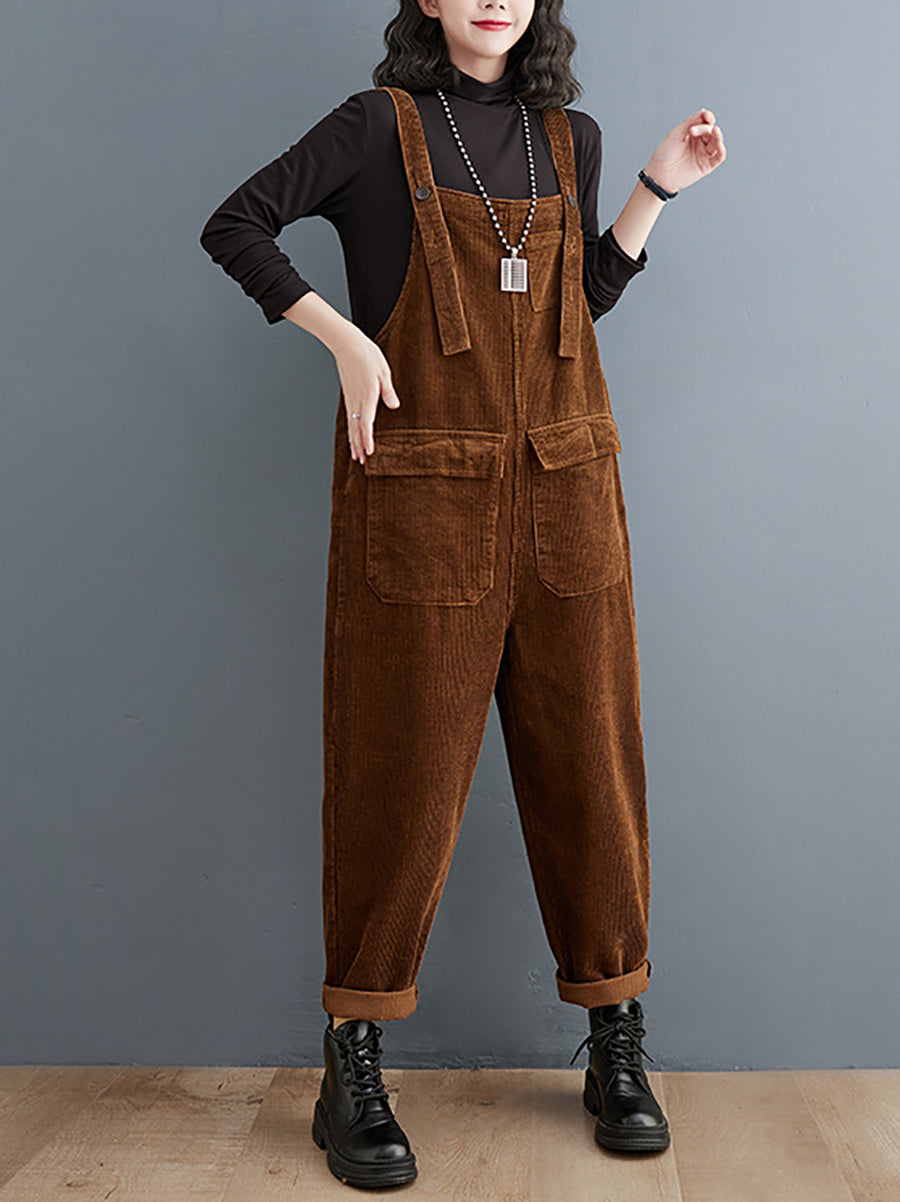 Women Vintage Solid Winter Croduroy Jumpsuits