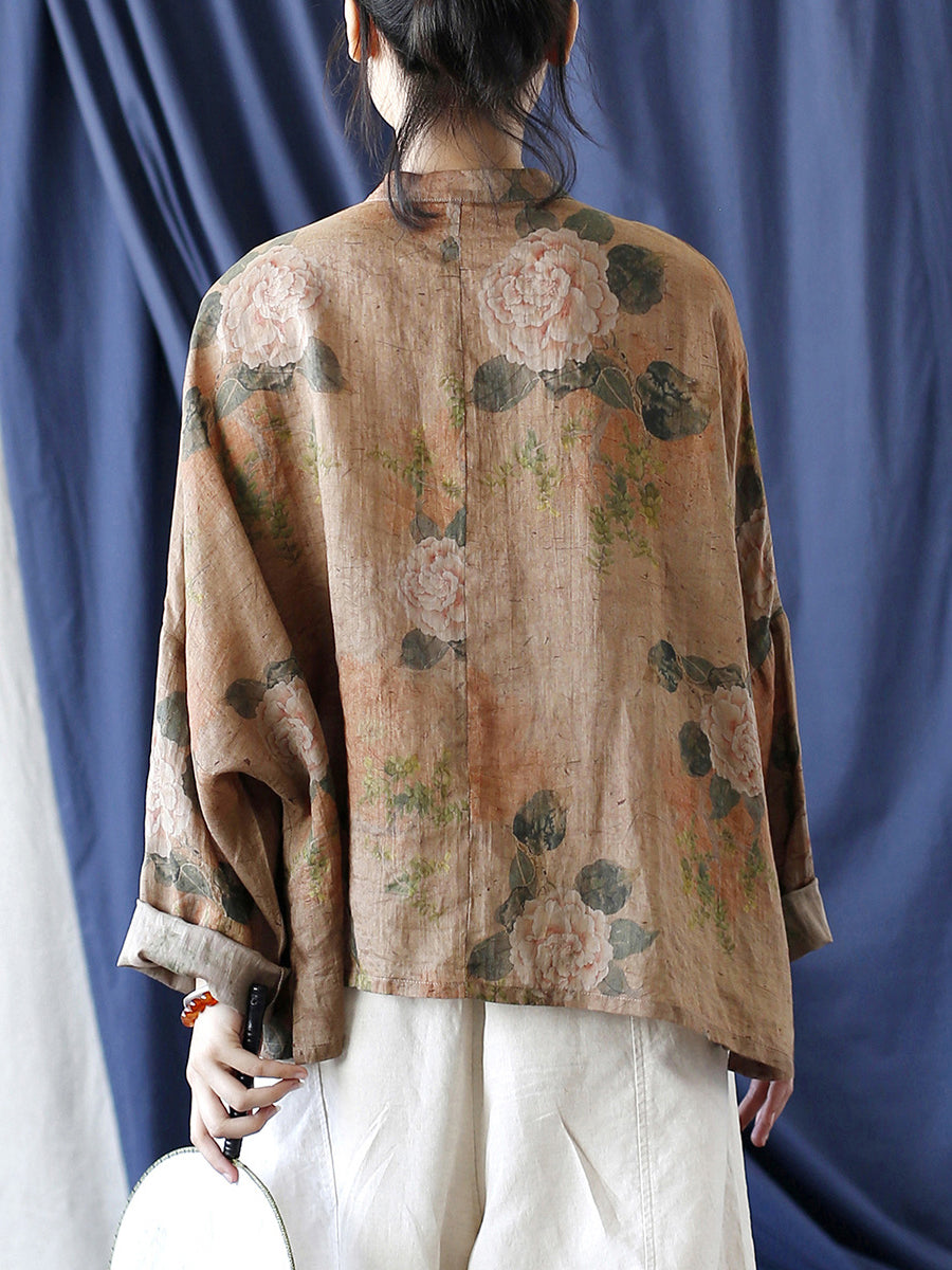 Women National Style Flower Button Loose Ramie Shirt