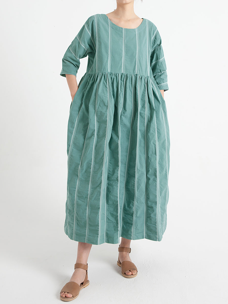 Plus Size Cotton Casual Summer Half Sleeve Loose Pleated Dress