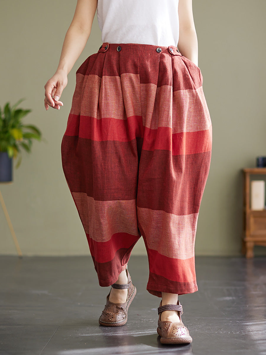 Stripe Elastic Waist Women Pleated Lantern Loose Pants